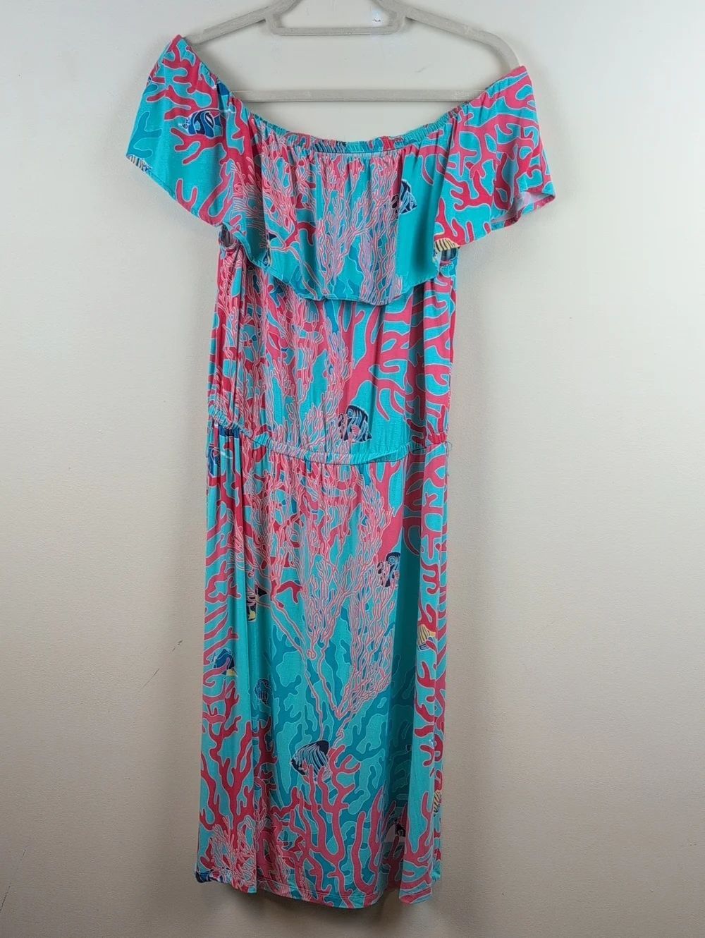 Tori Richard Off-Shoulder Coral Reef Print Dress in Turquoise & Pink Size M